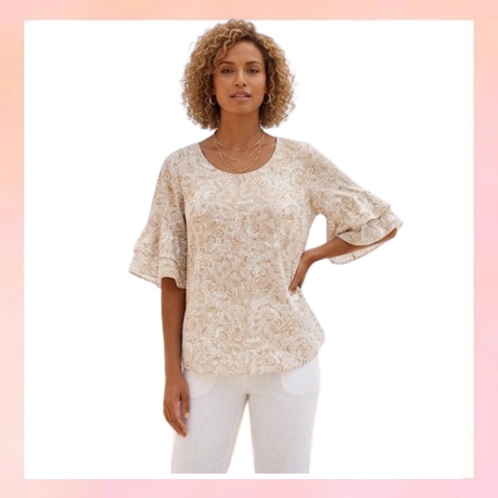 MICHAEL KORS Paisley Floral Flutter Sleeve Blouse Tan White Plus Size 2X